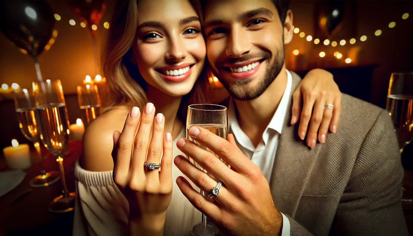 Couple celebrating engagement with matching rings